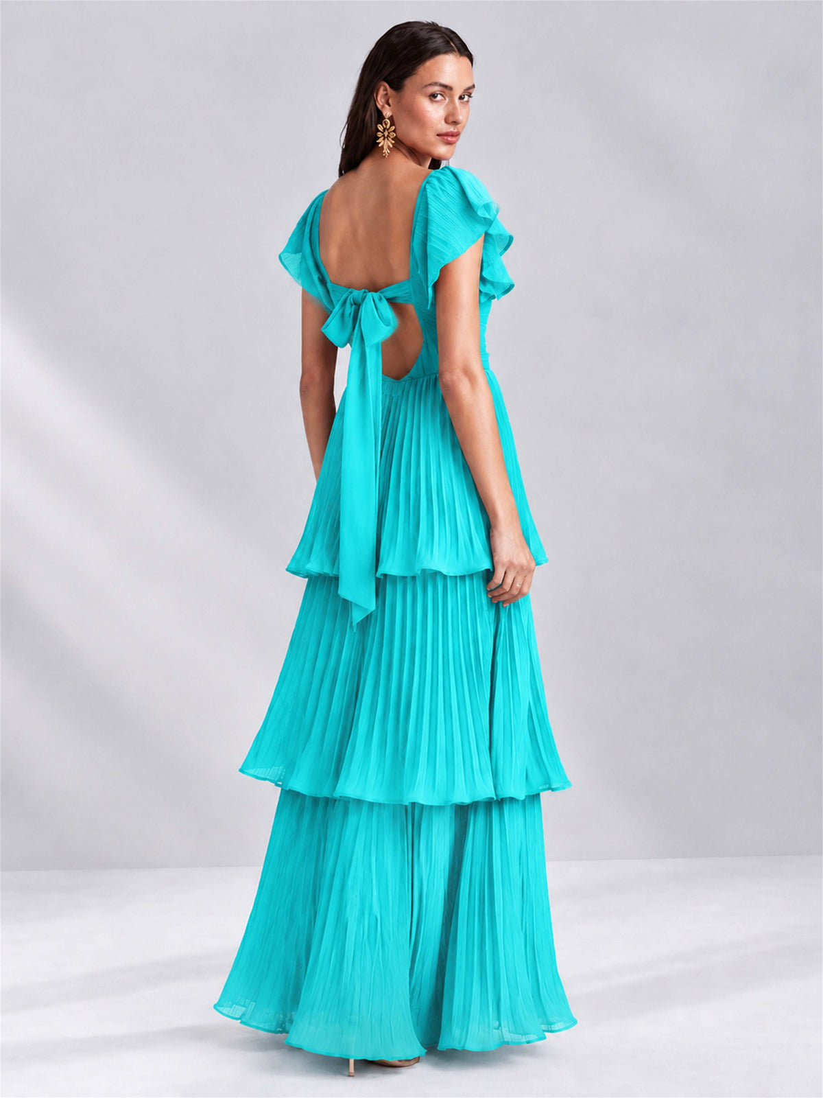 Sweetheart A-Line Tiered Chiffon Pleated Wedding Guest Dress with Flutter Sleeves