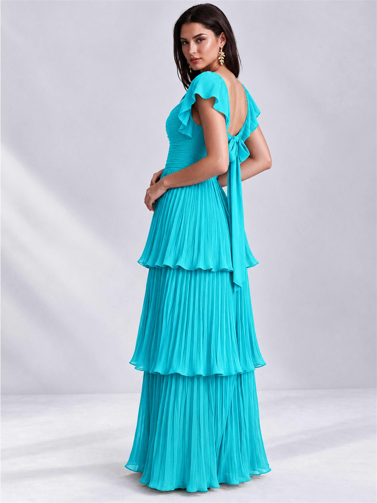 Sweetheart A-Line Tiered Chiffon Pleated Wedding Guest Dress with Flutter Sleeves
