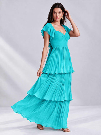 Sweetheart A-Line Tiered Chiffon Pleated Wedding Guest Dress with Flutter Sleeves
