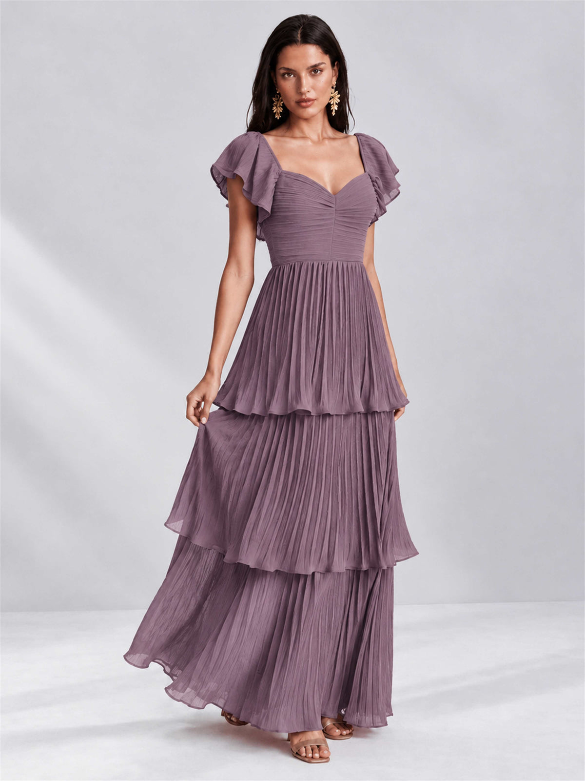 Sweetheart A-Line Tiered Chiffon Pleated Wedding Guest Dress with Flutter Sleeves