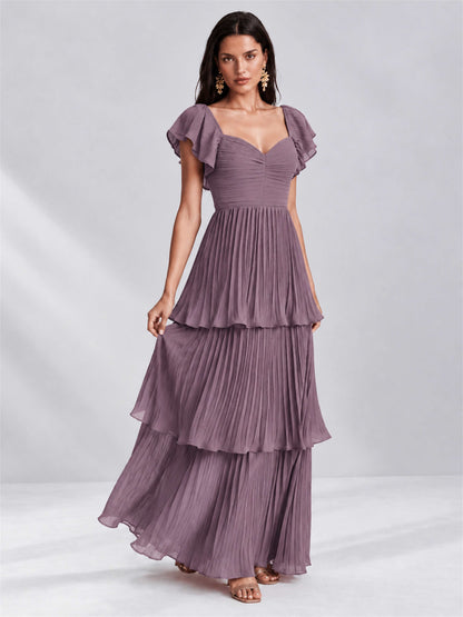 Sweetheart A-Line Tiered Chiffon Pleated Wedding Guest Dress with Flutter Sleeves