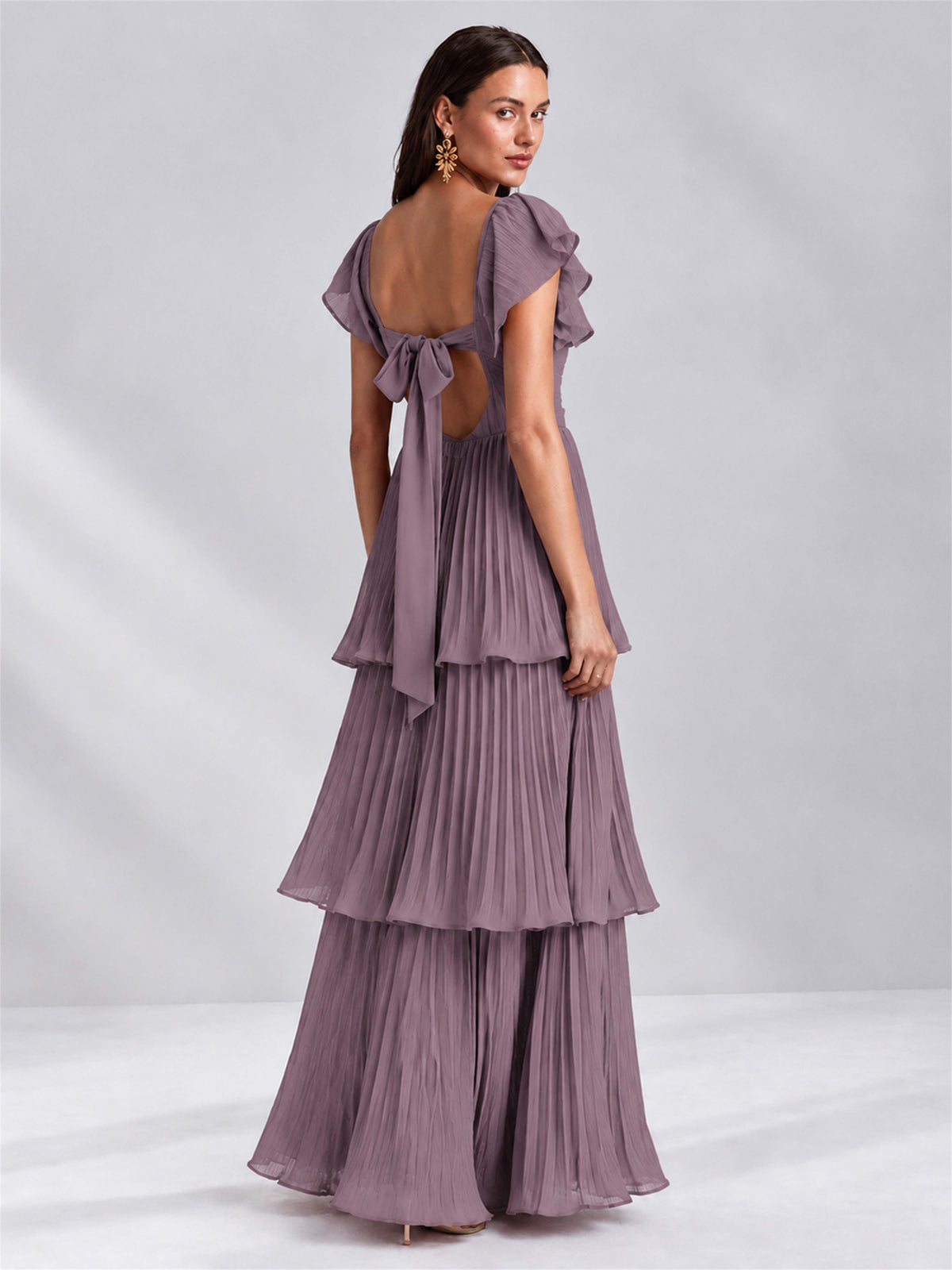 Sweetheart A-Line Tiered Chiffon Pleated Wedding Guest Dress with Flutter Sleeves