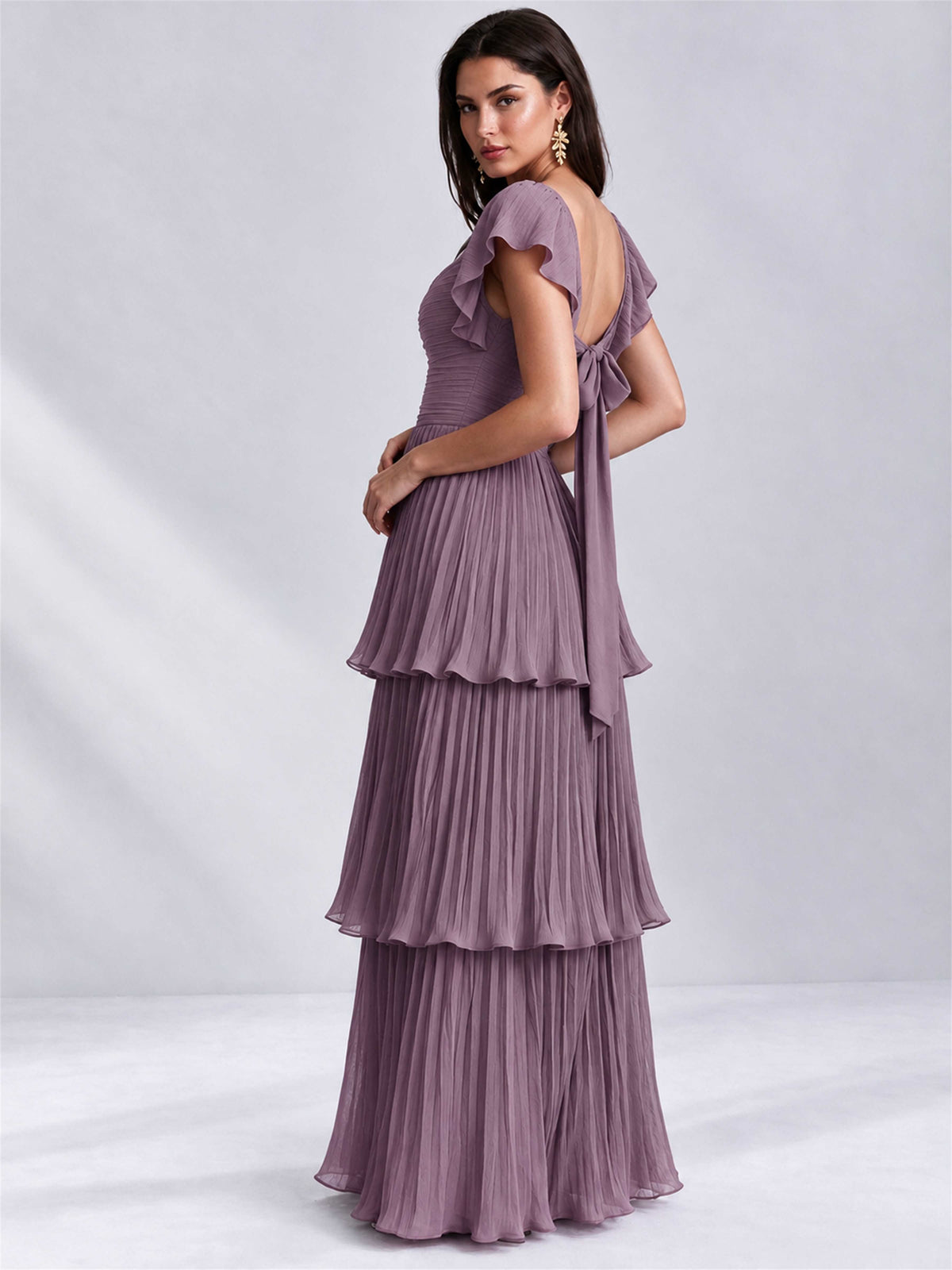 Sweetheart A-Line Tiered Chiffon Pleated Wedding Guest Dress with Flutter Sleeves
