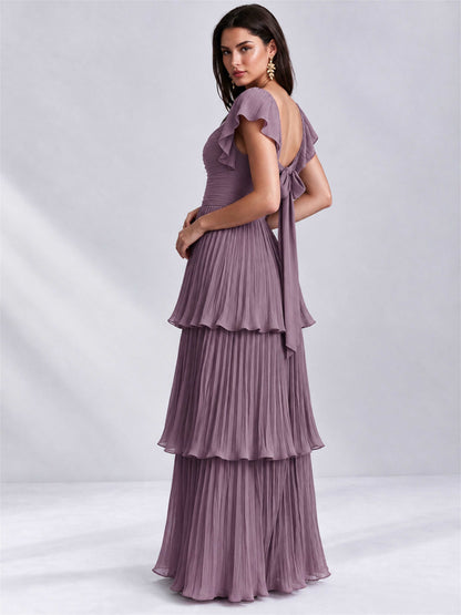 Sweetheart A-Line Tiered Chiffon Pleated Wedding Guest Dress with Flutter Sleeves