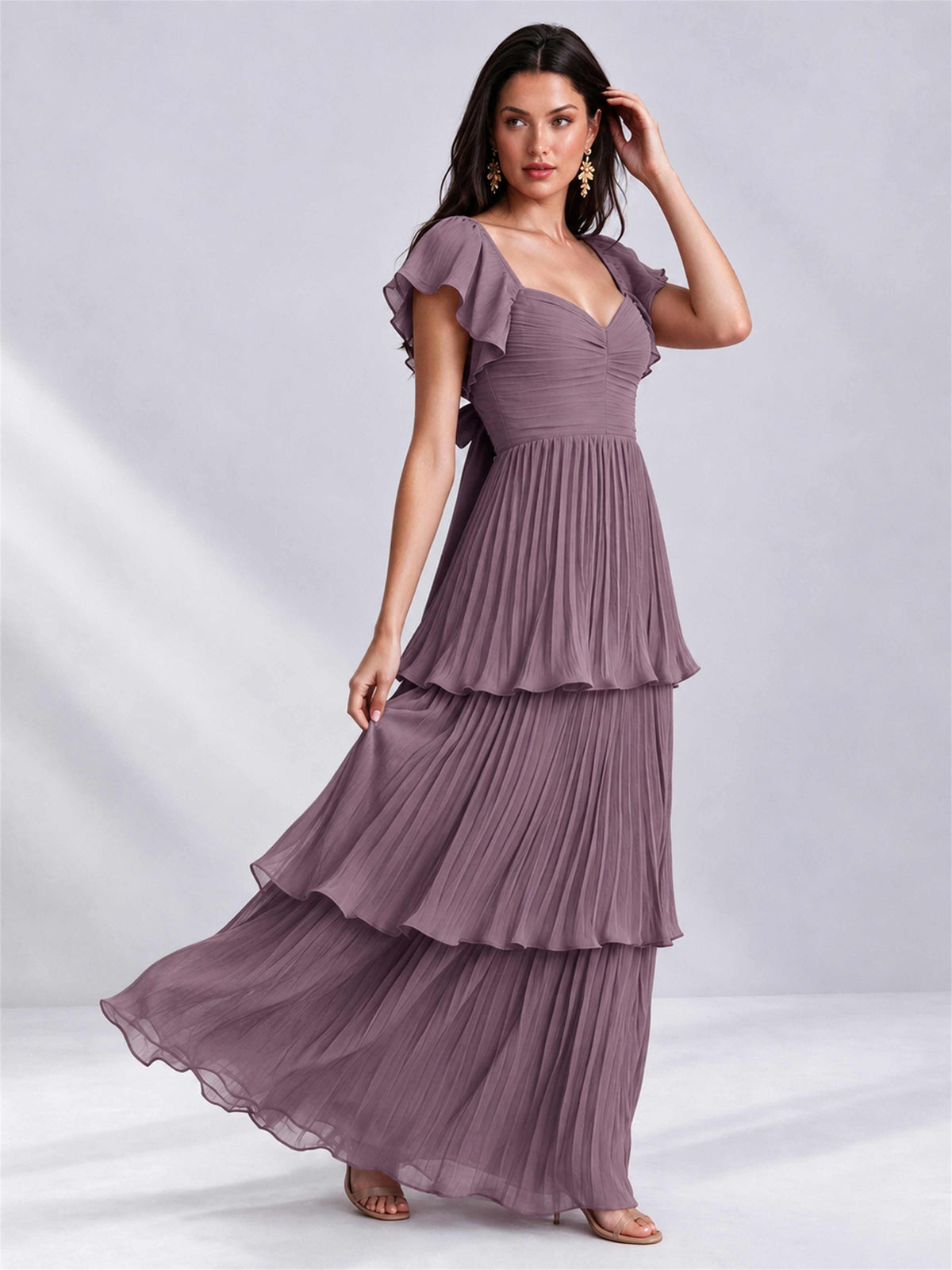 Sweetheart A-Line Tiered Chiffon Pleated Wedding Guest Dress with Flutter Sleeves