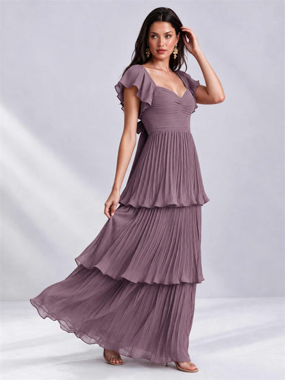 Sweetheart A-Line Tiered Chiffon Pleated Wedding Guest Dress with Flutter Sleeves