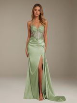 Free Shipping Sweetheart Halter Floor Length Prom Dress with Side Slit and Lace Corset Bodice
