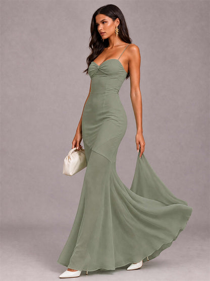 Sweetheart Mermaid Sleeveless Chiffon Spaghetti Straps Wedding Guest Dress