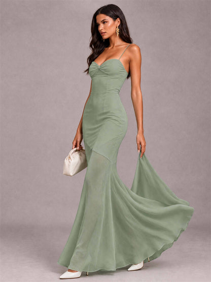 Sweetheart Mermaid Sleeveless Chiffon Spaghetti Straps Wedding Guest Dress