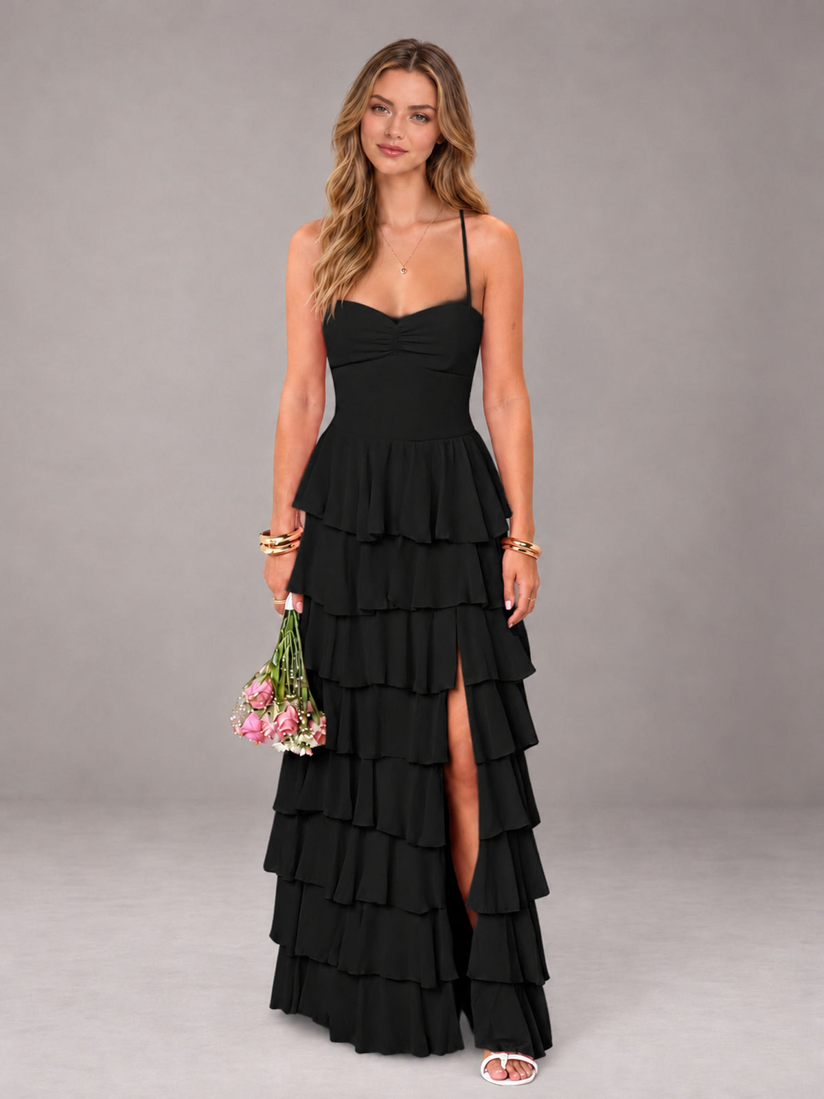 Black Sweetheart Neck Spaghetti Straps Pleated Floor Length Bridesmaid Dress