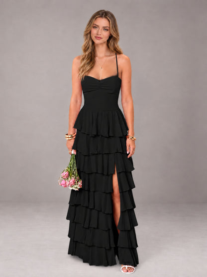 Black Sweetheart Neck Spaghetti Straps Pleated Floor Length Bridesmaid Dress