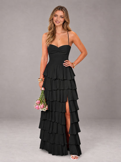 Black Sweetheart Neck Spaghetti Straps Pleated Floor Length Bridesmaid Dress