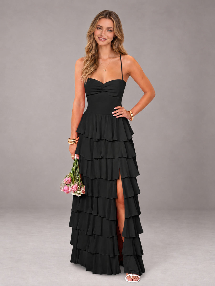 Black Sweetheart Neck Spaghetti Straps Pleated Floor Length Bridesmaid Dress