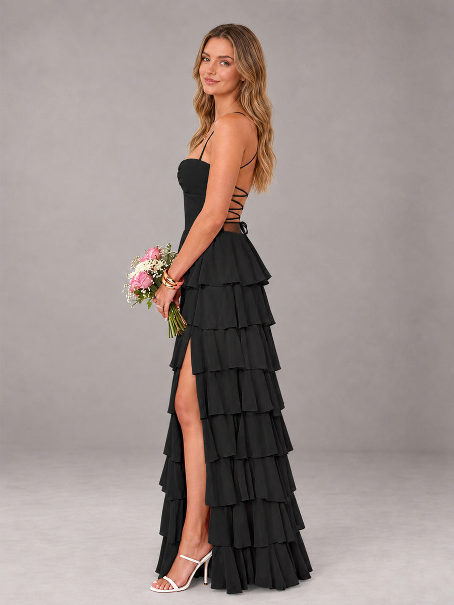 Black Sweetheart Neck Spaghetti Straps Pleated Floor Length Bridesmaid Dress