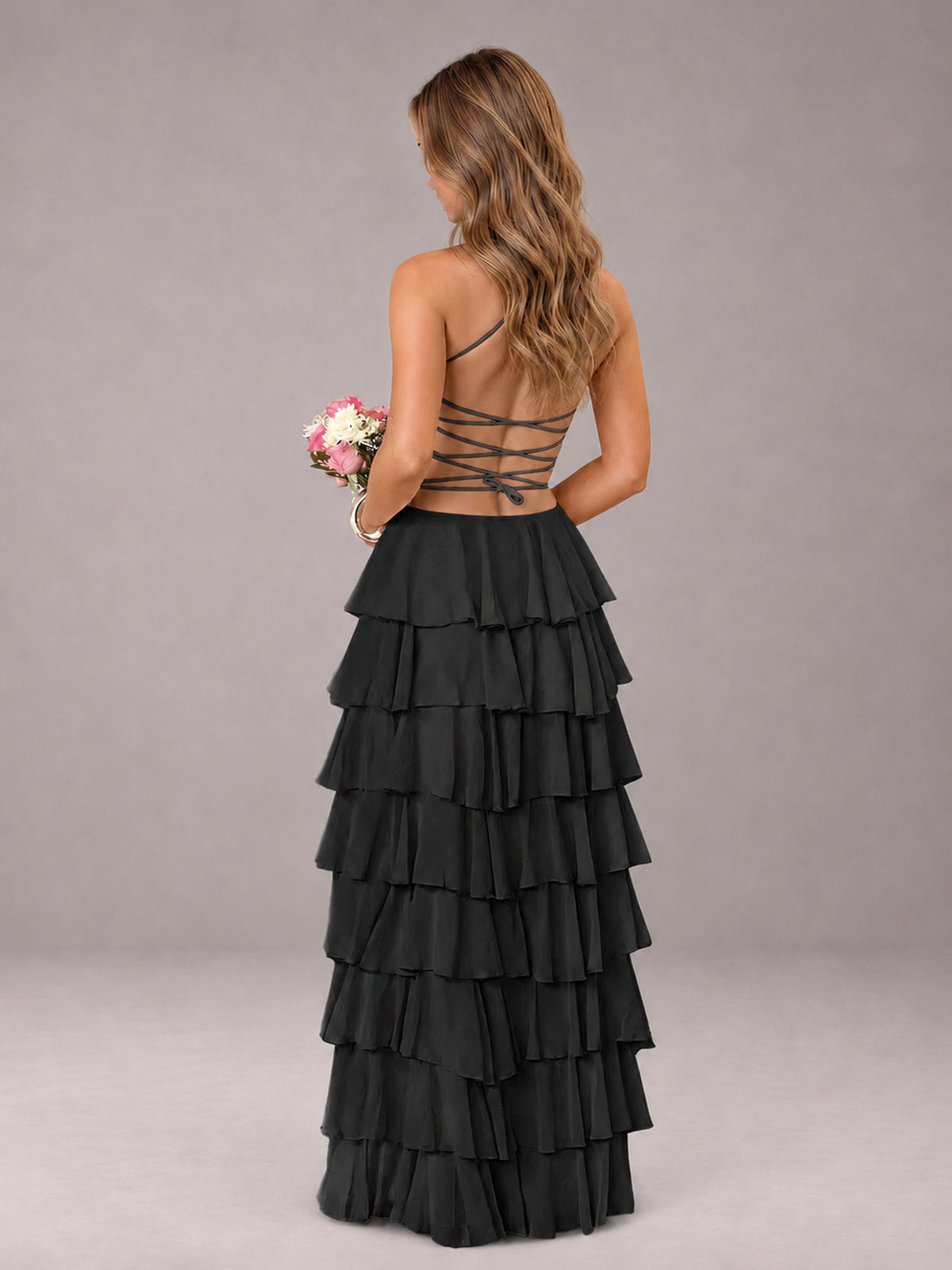 Black Sweetheart Neck Spaghetti Straps Pleated Floor Length Bridesmaid Dress
