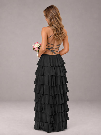 Black Sweetheart Neck Spaghetti Straps Pleated Floor Length Bridesmaid Dress
