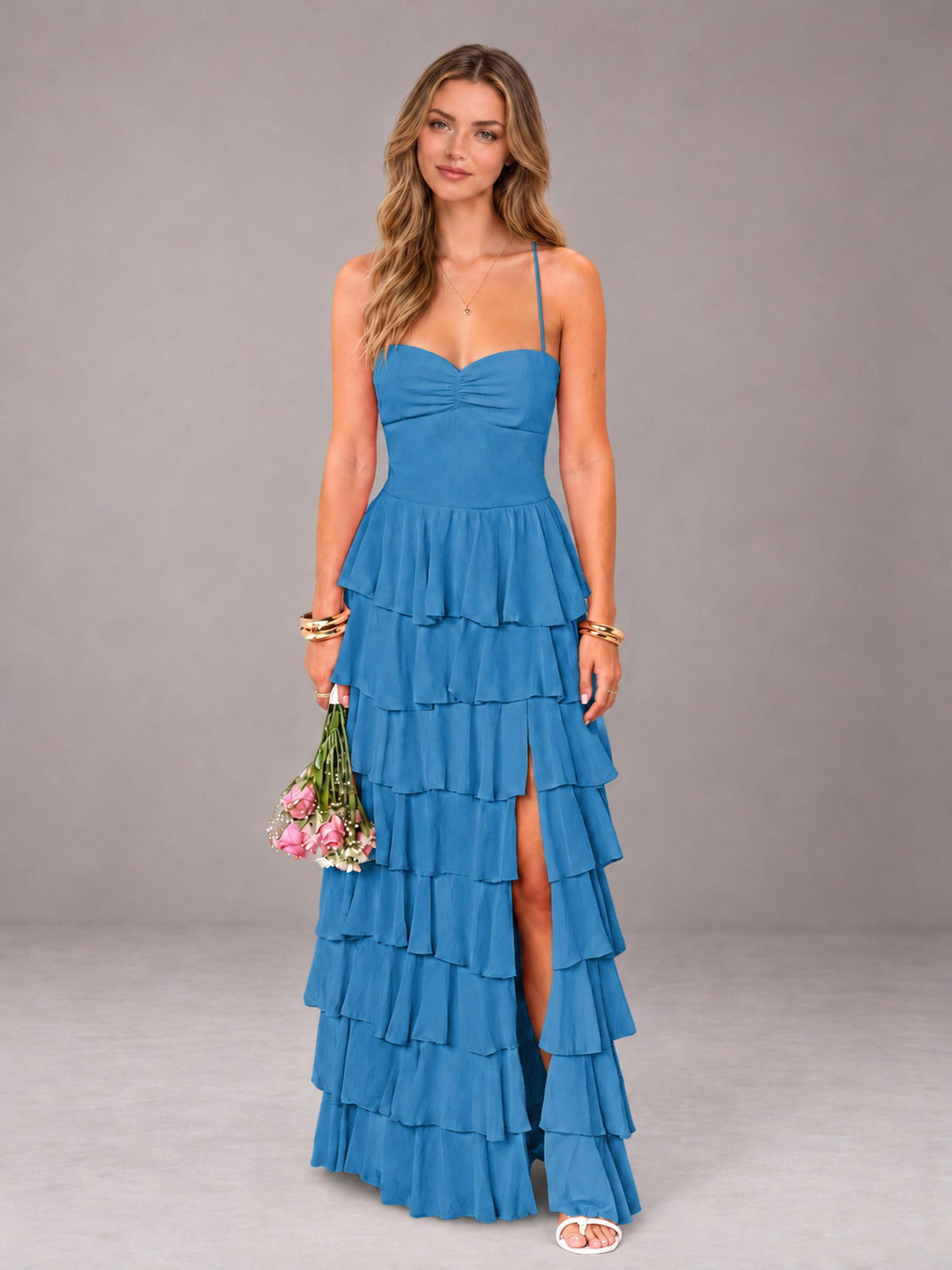 Blue Sweetheart Neck Spaghetti Straps Pleated Floor Length Bridesmaid Dress