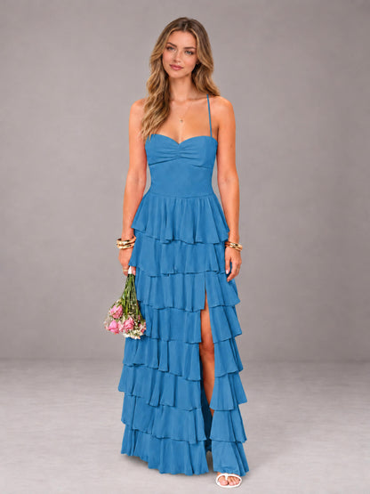 Blue Sweetheart Neck Spaghetti Straps Pleated Floor Length Bridesmaid Dress