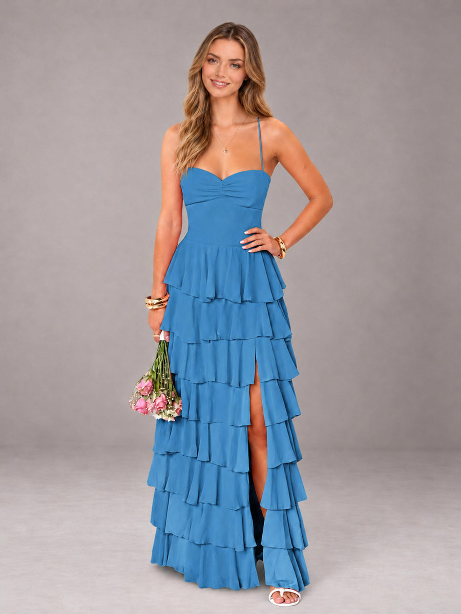 Blue Sweetheart Neck Spaghetti Straps Pleated Floor Length Bridesmaid Dress