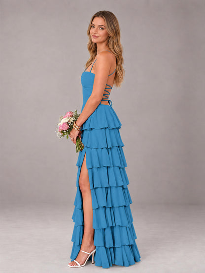 Blue Sweetheart Neck Spaghetti Straps Pleated Floor Length Bridesmaid Dress