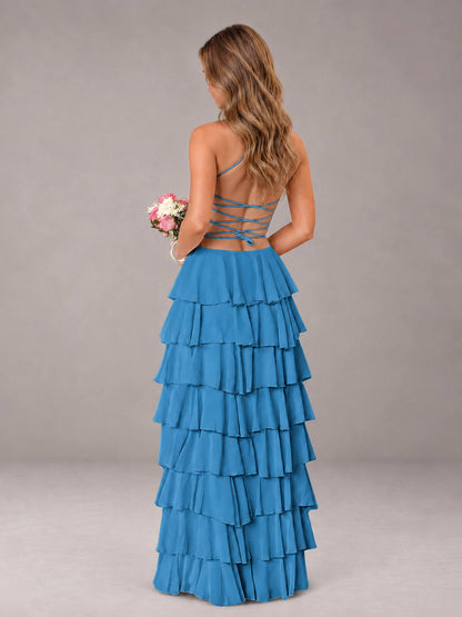 Blue Sweetheart Neck Spaghetti Straps Pleated Floor Length Bridesmaid Dress