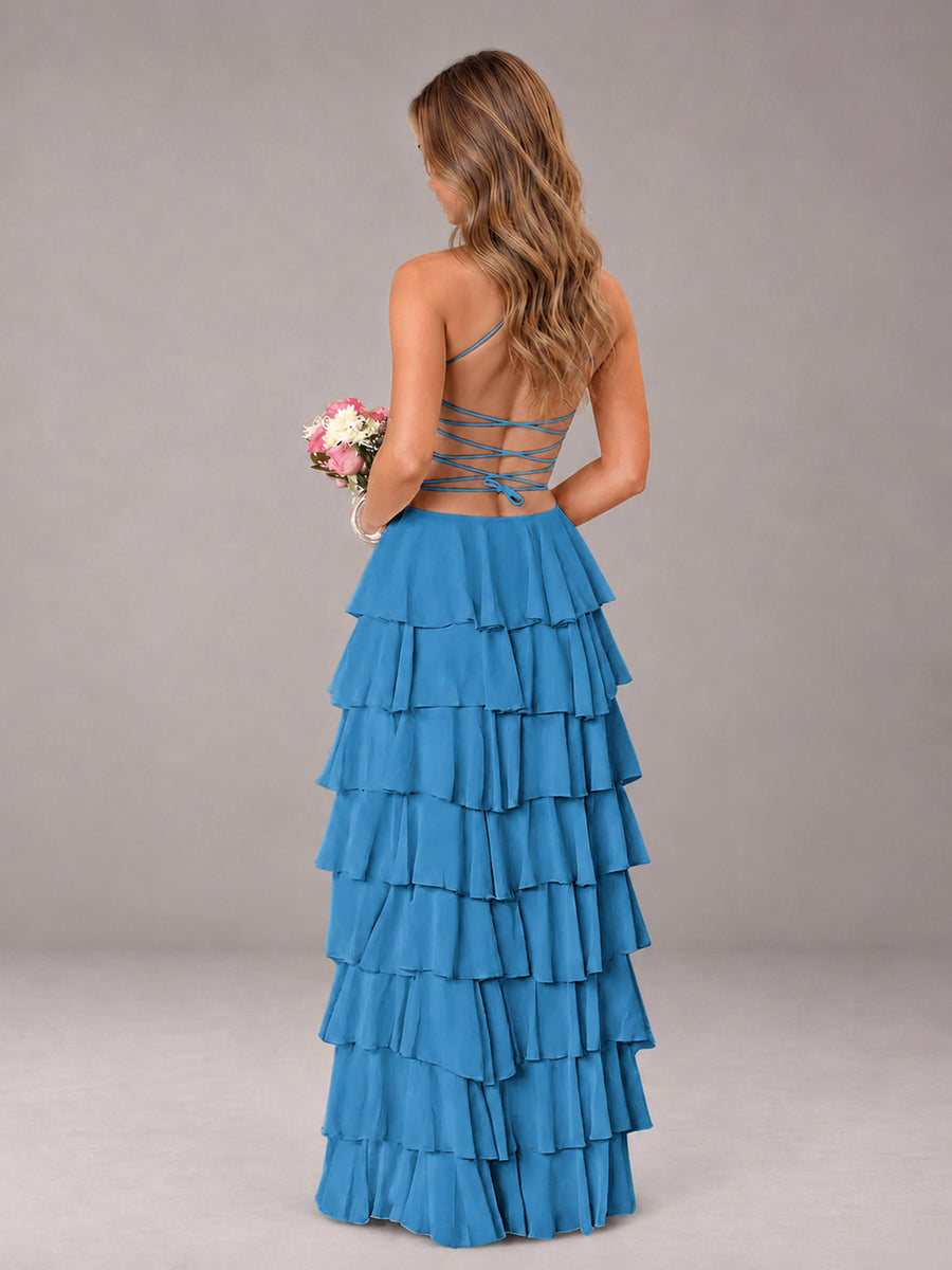 Blue Sweetheart Neck Spaghetti Straps Pleated Floor Length Bridesmaid Dress