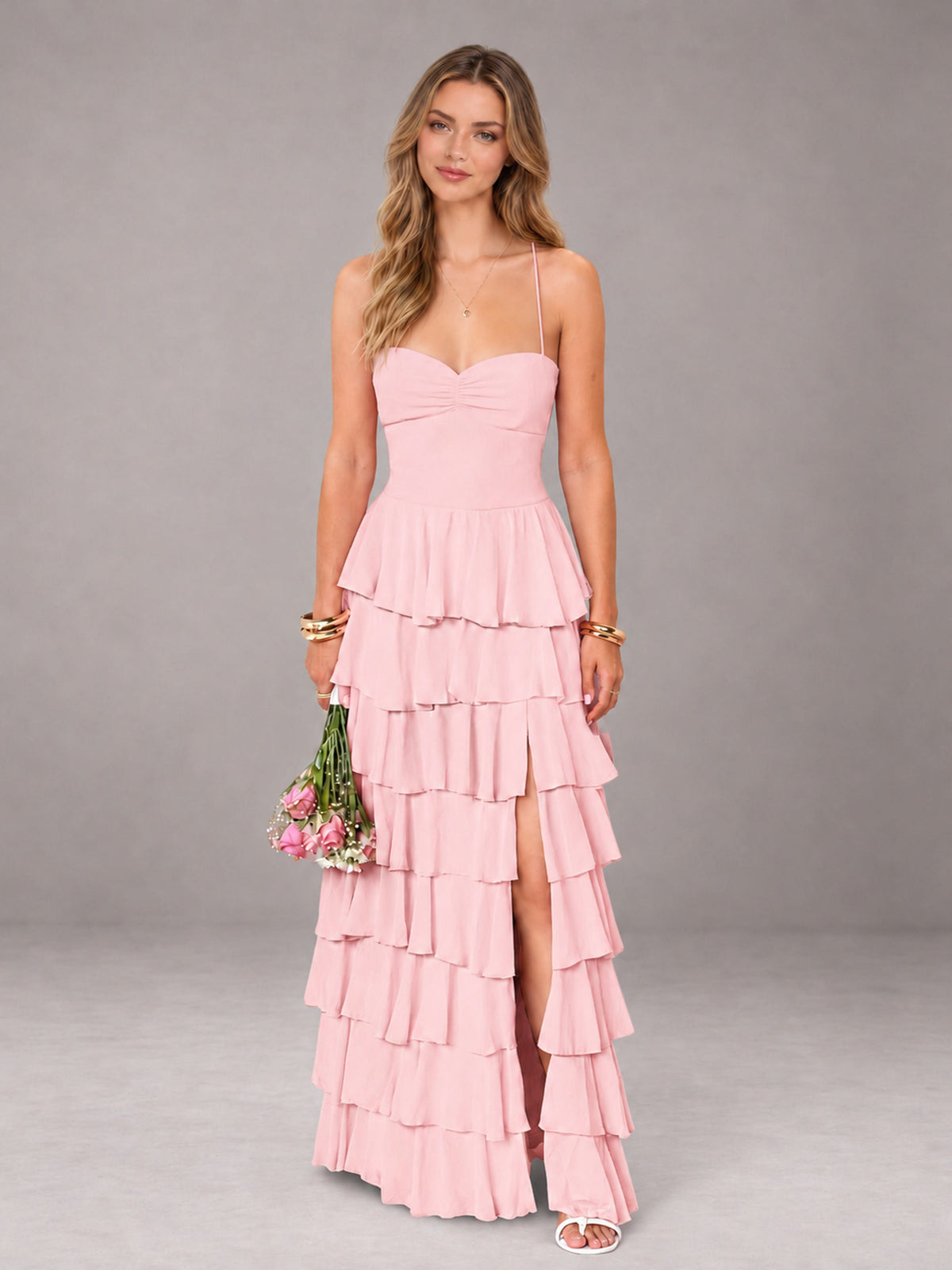 Blush Pink Sweetheart Neck Spaghetti Straps Pleated Floor Length Bridesmaid Dress