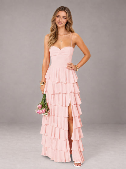 Blush Pink Sweetheart Neck Spaghetti Straps Pleated Floor Length Bridesmaid Dress