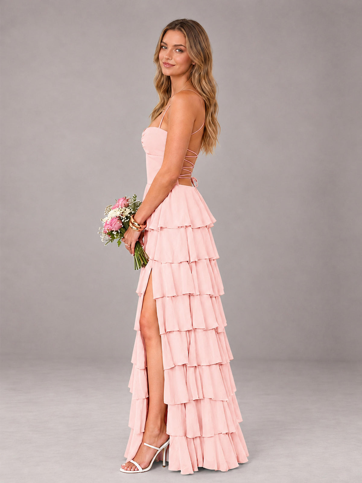 Blush Pink Sweetheart Neck Spaghetti Straps Pleated Floor Length Bridesmaid Dress