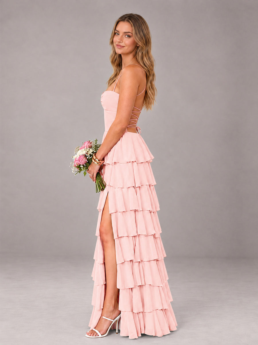 Blush Pink Sweetheart Neck Spaghetti Straps Pleated Floor Length Bridesmaid Dress