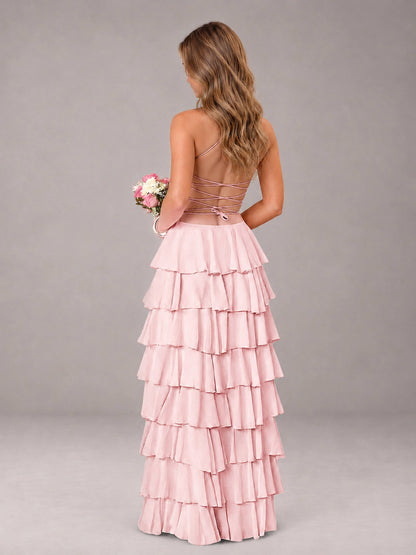 Blush Pink Sweetheart Neck Spaghetti Straps Pleated Floor Length Bridesmaid Dress