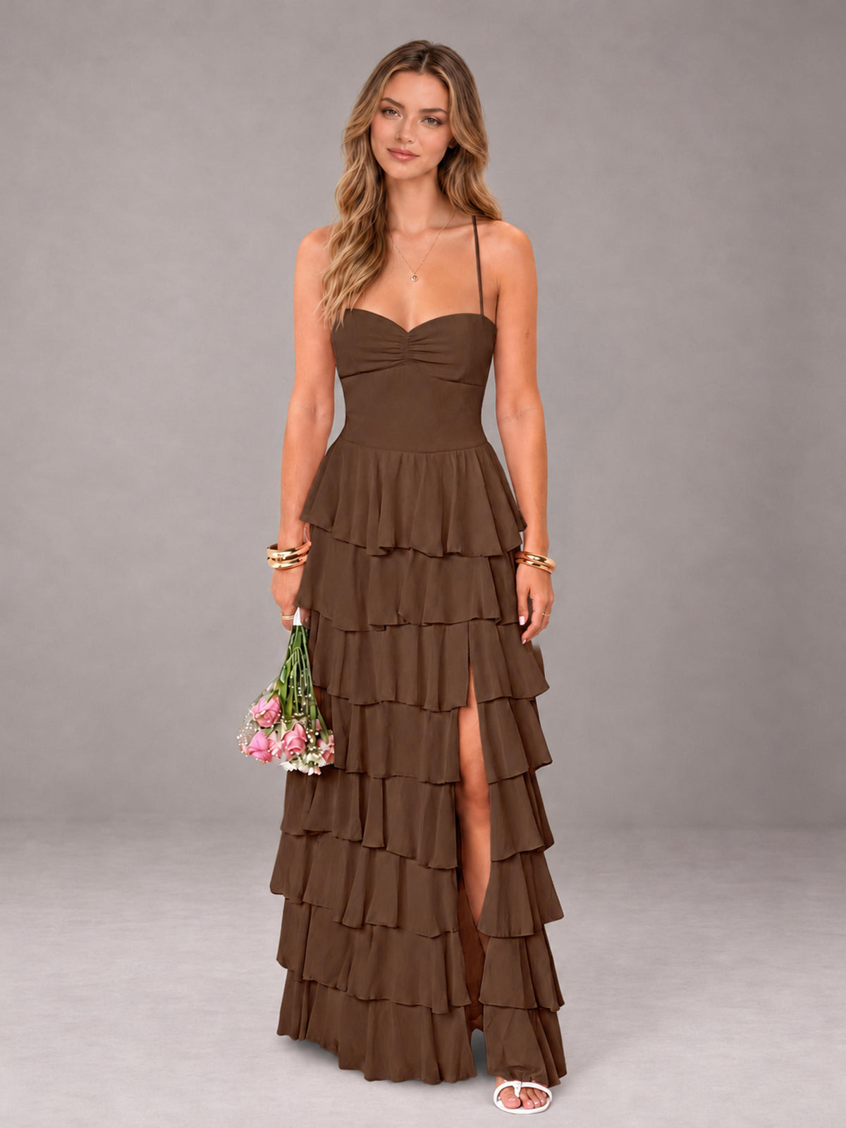 Brown Sweetheart Neck Spaghetti Straps Pleated Floor Length Bridesmaid Dress