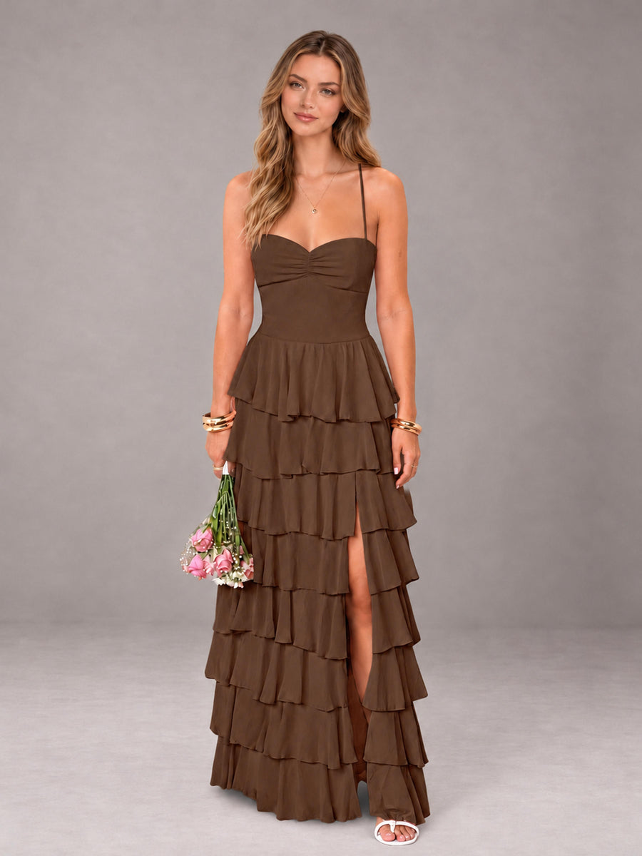 Brown Sweetheart Neck Spaghetti Straps Pleated Floor Length Bridesmaid Dress
