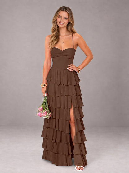 Brown Sweetheart Neck Spaghetti Straps Pleated Floor Length Bridesmaid Dress