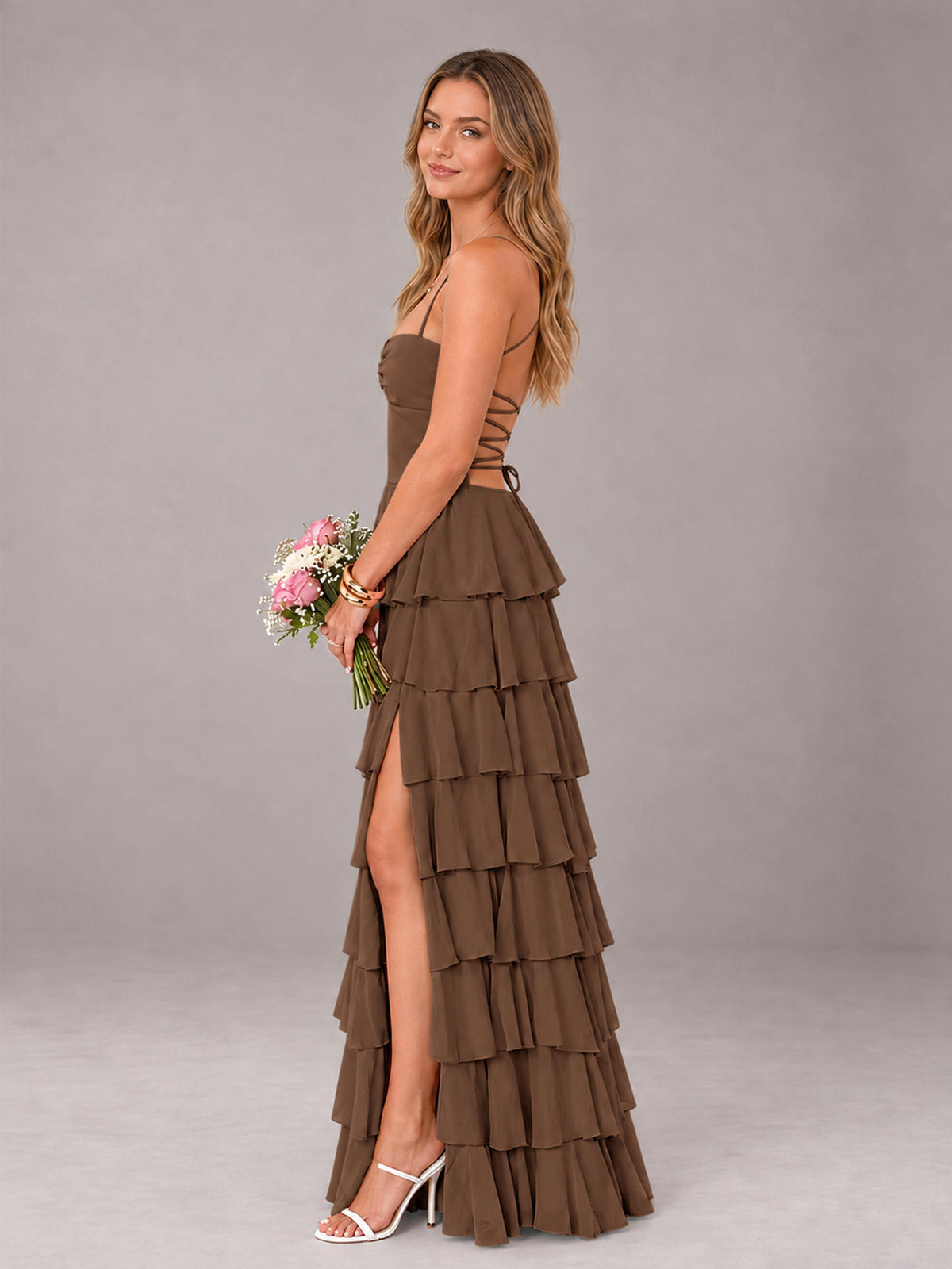 Brown Sweetheart Neck Spaghetti Straps Pleated Floor Length Bridesmaid Dress