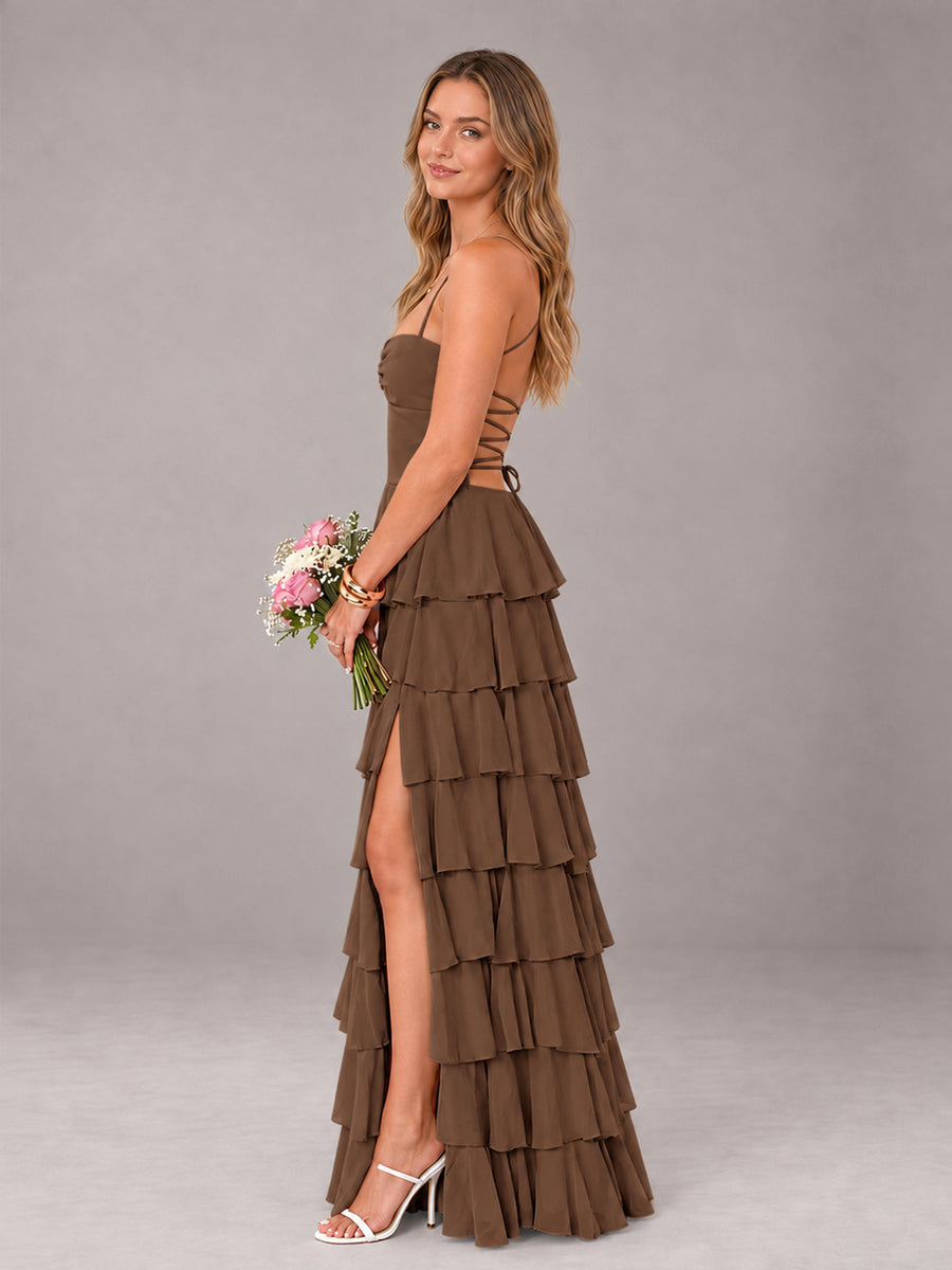 Brown Sweetheart Neck Spaghetti Straps Pleated Floor Length Bridesmaid Dress