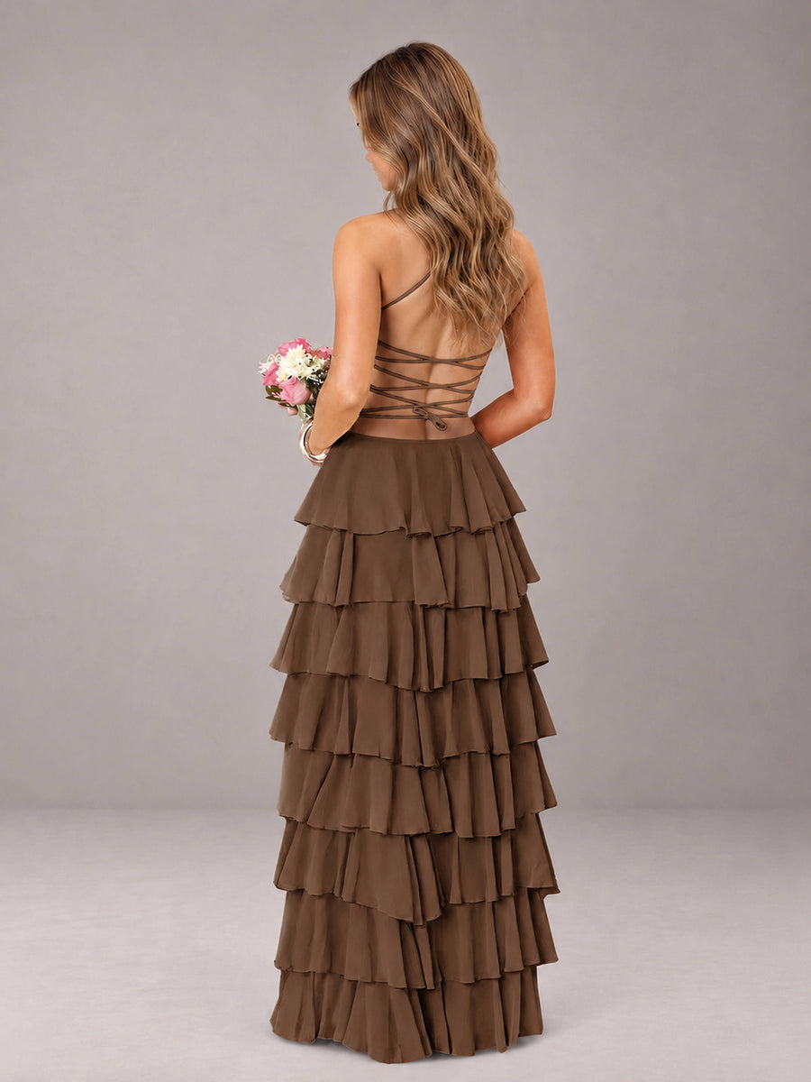 Brown Sweetheart Neck Spaghetti Straps Pleated Floor Length Bridesmaid Dress