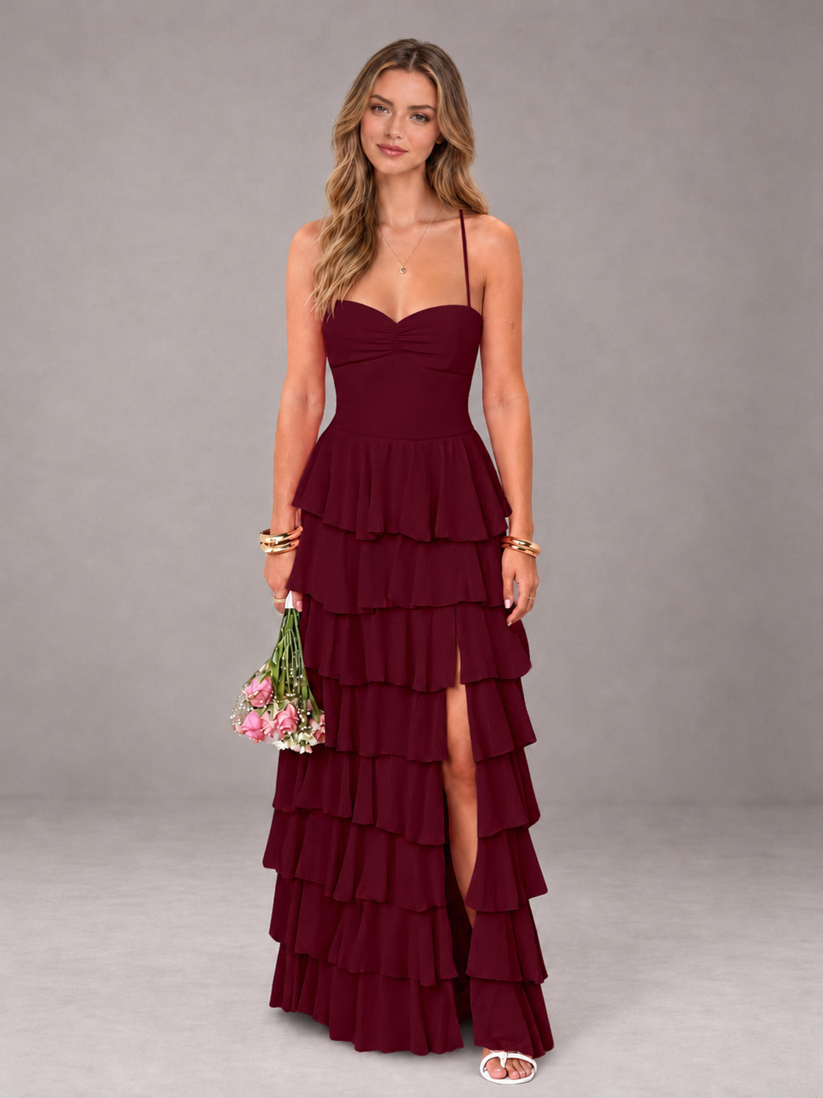 Burgundy Sweetheart Neck Spaghetti Straps Pleated Floor Length Bridesmaid Dress