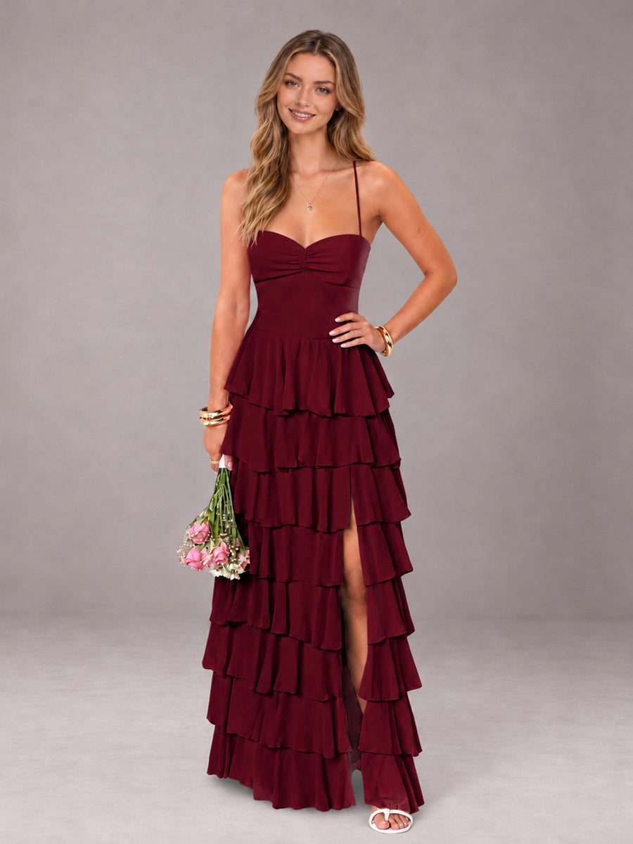 Burgundy Sweetheart Neck Spaghetti Straps Pleated Floor Length Bridesmaid Dress
