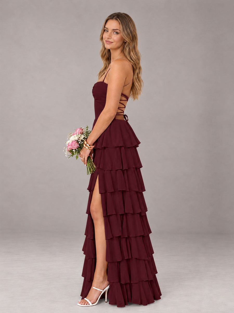 Burgundy Sweetheart Neck Spaghetti Straps Pleated Floor Length Bridesmaid Dress