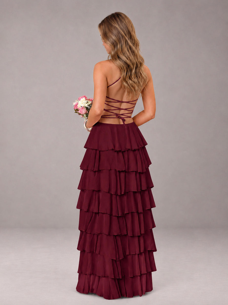 Burgundy Sweetheart Neck Spaghetti Straps Pleated Floor Length Bridesmaid Dress