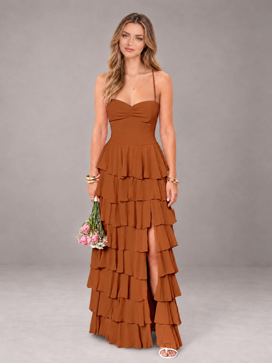 Burnt Orange Sweetheart Neck Spaghetti Straps Pleated Floor Length Bridesmaid Dress