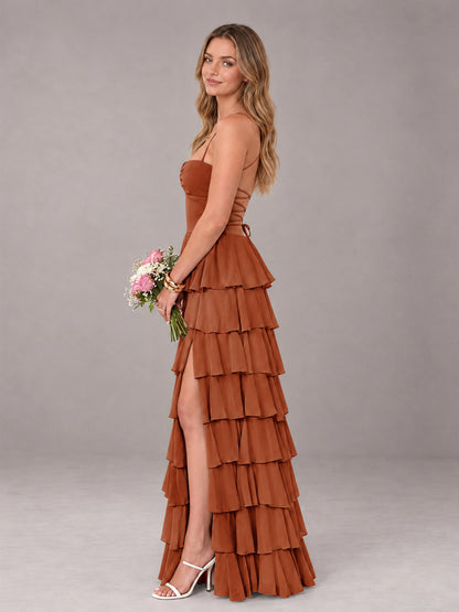 Burnt Orange Sweetheart Neck Spaghetti Straps Pleated Floor Length Bridesmaid Dress