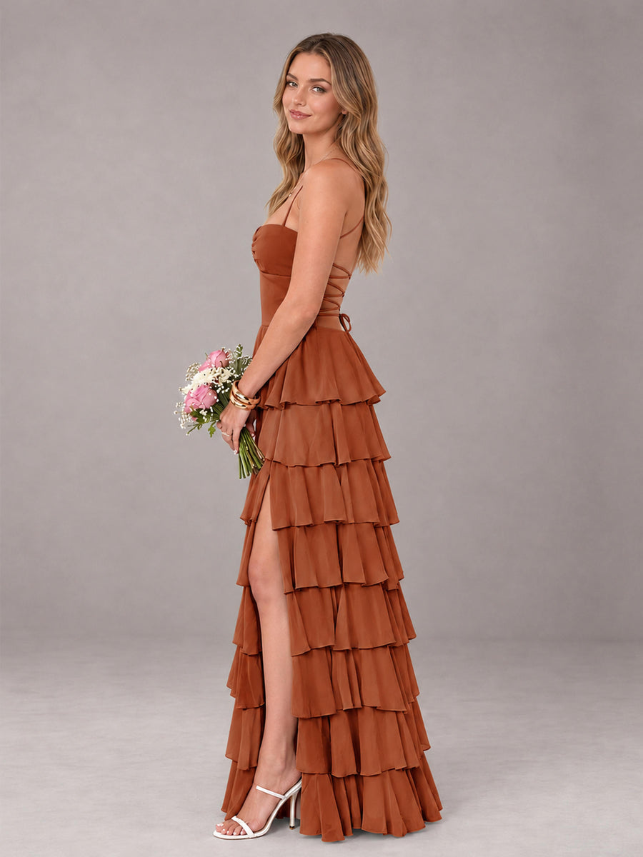 Burnt Orange Sweetheart Neck Spaghetti Straps Pleated Floor Length Bridesmaid Dress