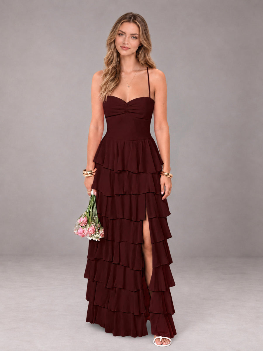 Cabernet Sweetheart Neck Spaghetti Straps Pleated Floor Length Bridesmaid Dress