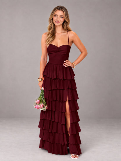 Cabernet Sweetheart Neck Spaghetti Straps Pleated Floor Length Bridesmaid Dress