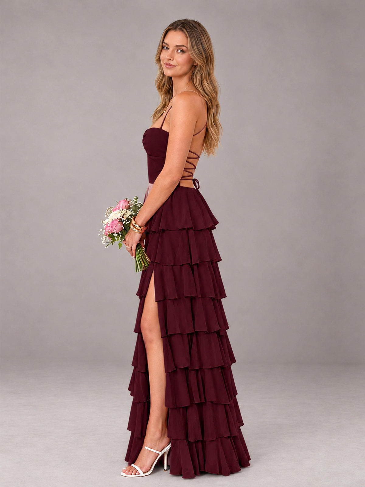 Cabernet Sweetheart Neck Spaghetti Straps Pleated Floor Length Bridesmaid Dress