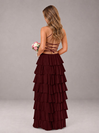 Cabernet Sweetheart Neck Spaghetti Straps Pleated Floor Length Bridesmaid Dress