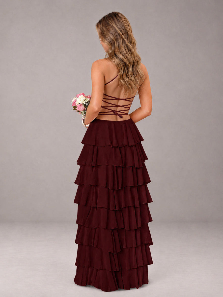 Cabernet Sweetheart Neck Spaghetti Straps Pleated Floor Length Bridesmaid Dress