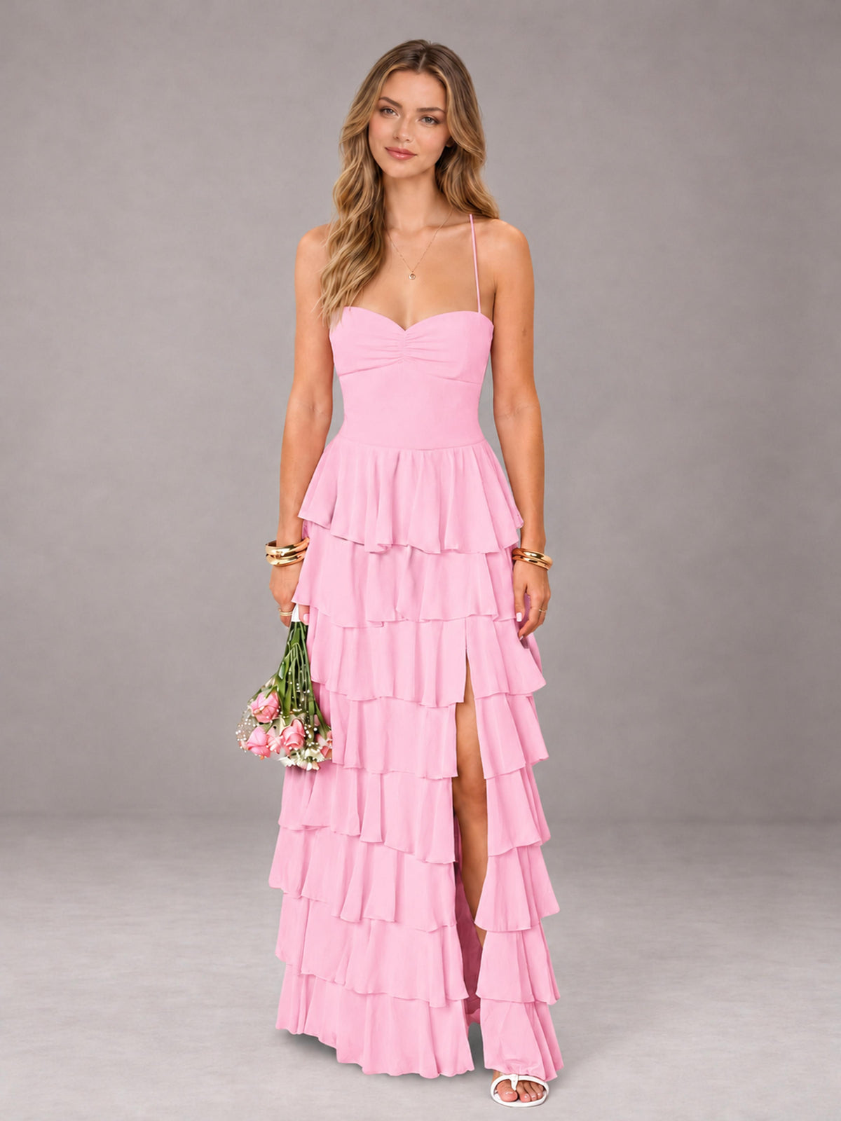 Candy Pink Sweetheart Neck Spaghetti Straps Pleated Floor Length Bridesmaid Dress